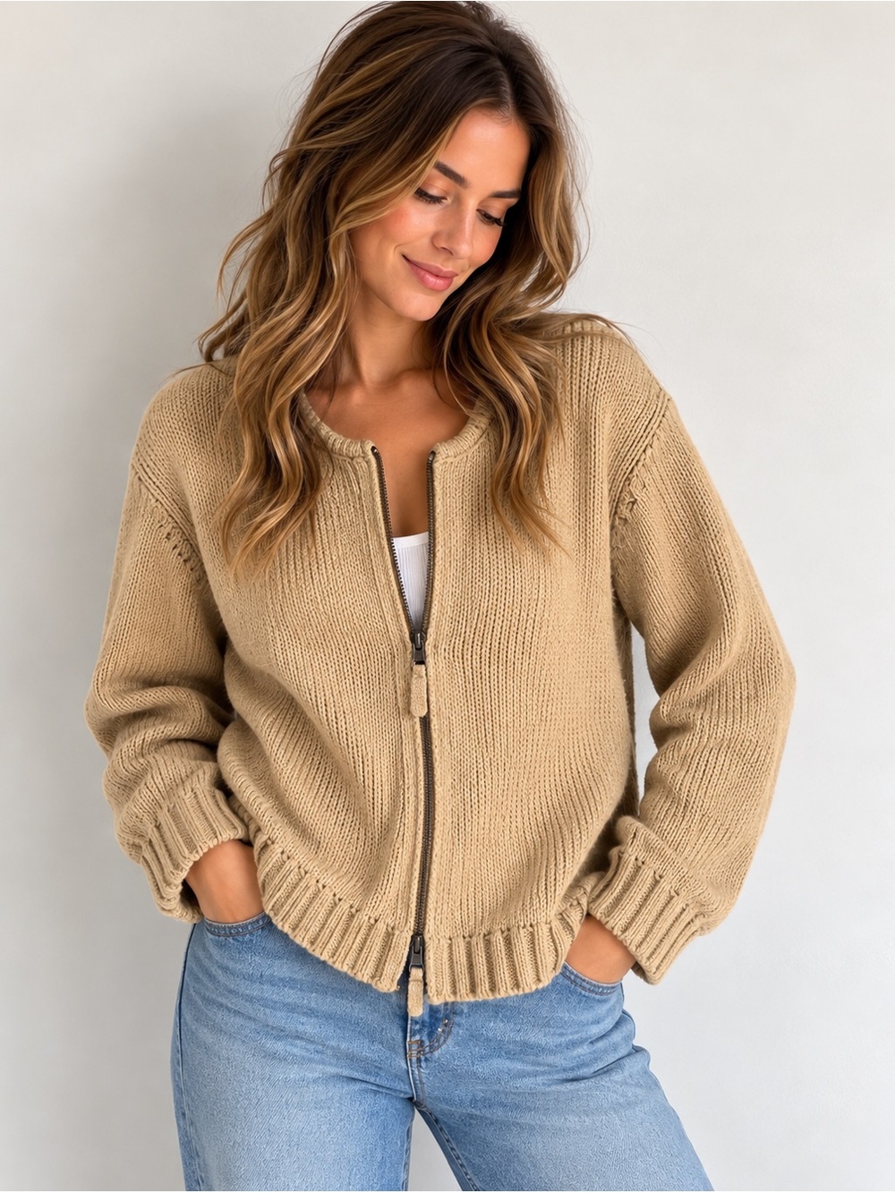 Cotton Ginny Plus Beige Knit Zip Cardigan | Size S/P